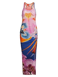 Orchid Floral Rib-Knit Sleeveless Maxi Dress