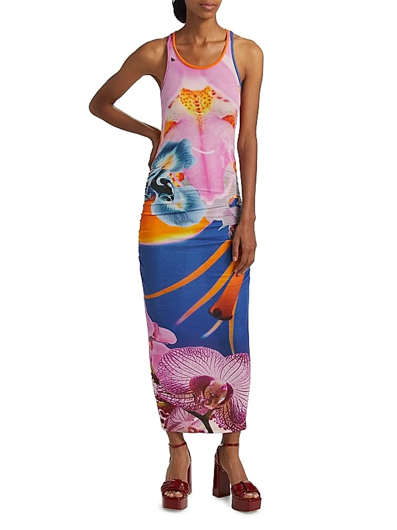 Orchid Floral Rib-Knit Sleeveless Maxi Dress