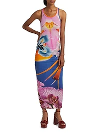 Orchid Floral Rib-Knit Sleeveless Maxi Dress