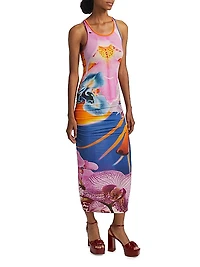 Orchid Floral Rib-Knit Sleeveless Maxi Dress
