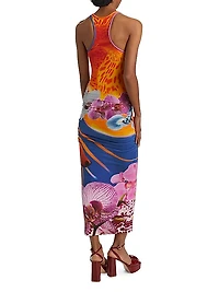 Orchid Floral Rib-Knit Sleeveless Maxi Dress