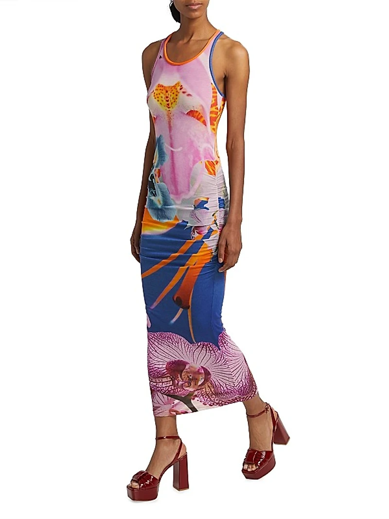Orchid Floral Rib-Knit Sleeveless Maxi Dress