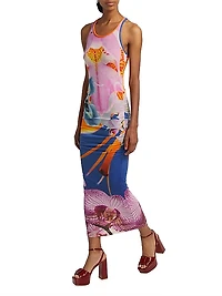 Orchid Floral Rib-Knit Sleeveless Maxi Dress