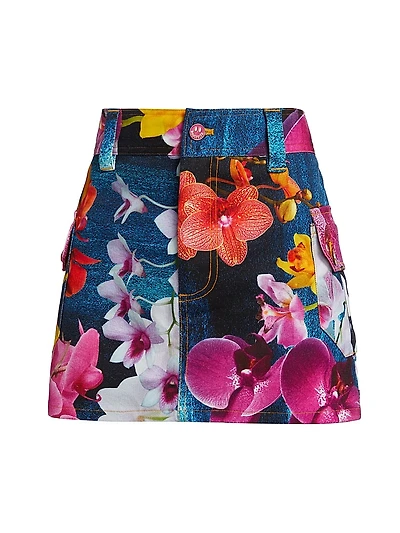 Orchid Floral Denim Cargo Miniskirt