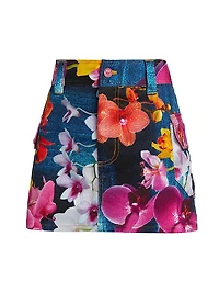 Orchid Floral Denim Cargo Miniskirt