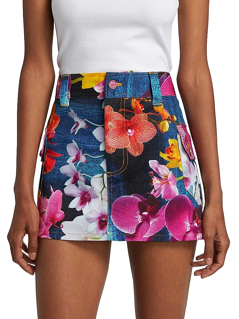 Orchid Floral Denim Cargo Miniskirt