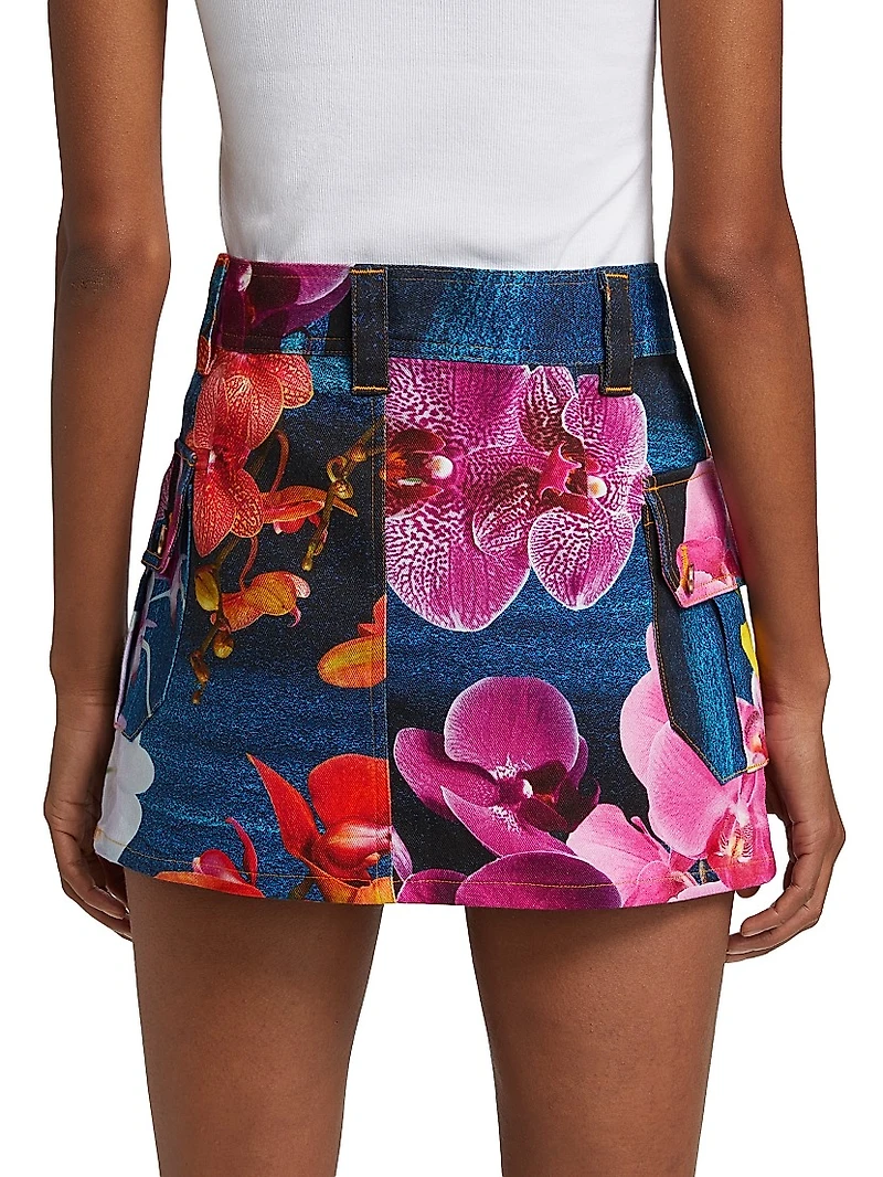 Orchid Floral Denim Cargo Miniskirt