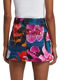 Orchid Floral Denim Cargo Miniskirt