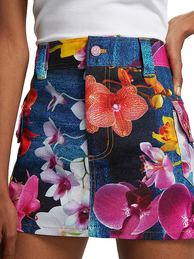 Orchid Floral Denim Cargo Miniskirt