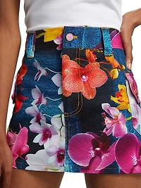 Orchid Floral Denim Cargo Miniskirt