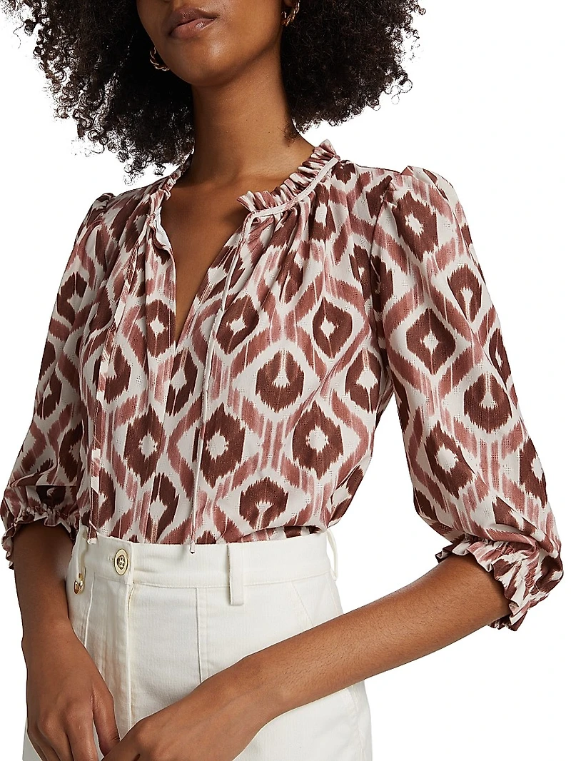 Ikat-Inspired Ruffled-Trim Blouse