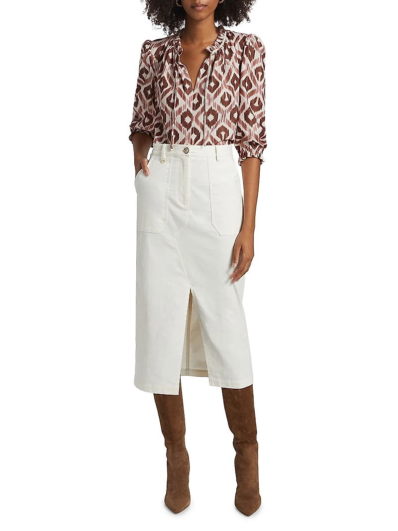 Ikat-Inspired Ruffled-Trim Blouse