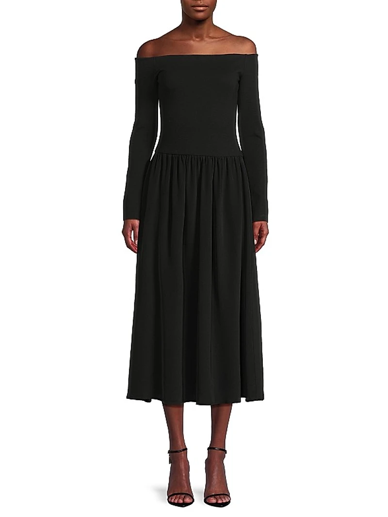 Rosette Off-The-Shoulder Midi-Dress