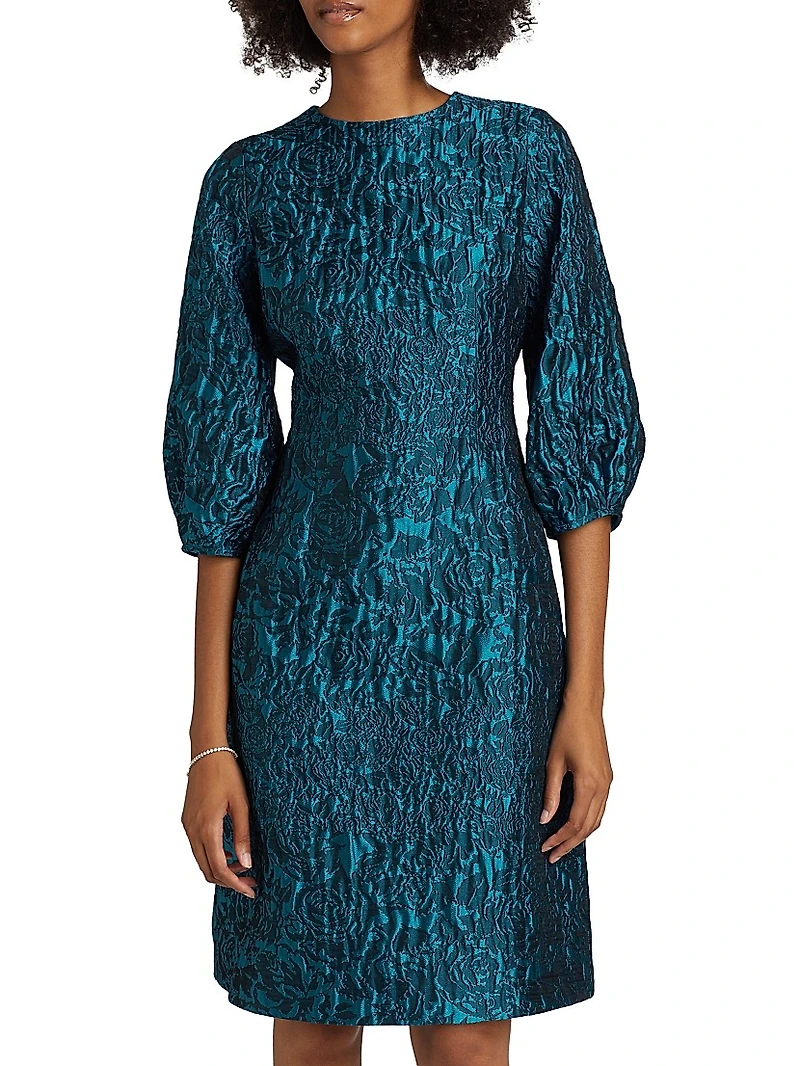 Floral Jacquard Balloon-Sleeve Dress