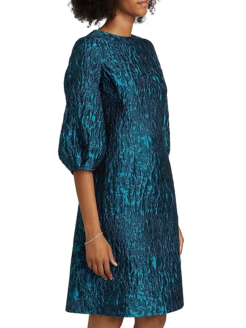 Floral Jacquard Balloon-Sleeve Dress