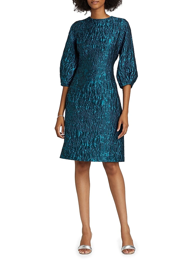 Floral Jacquard Balloon-Sleeve Dress