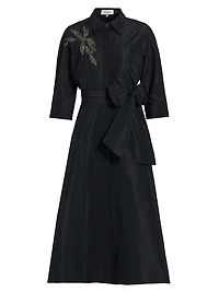 Embellished Taffeta Self-Belt Midi-Shirtdress