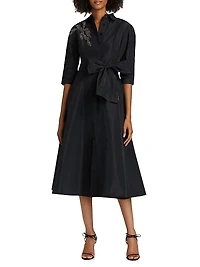 Embellished Taffeta Self-Belt Midi-Shirtdress