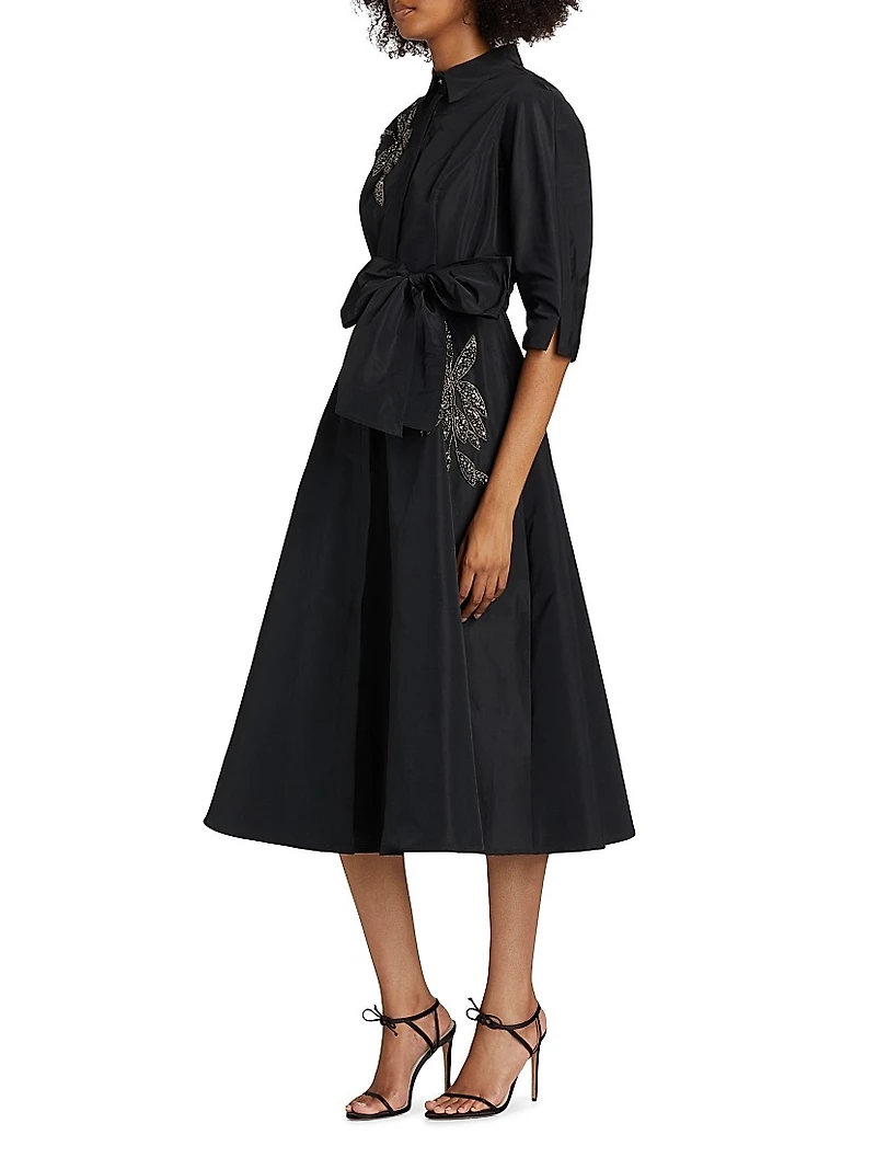 Embellished Taffeta Self-Belt Midi-Shirtdress