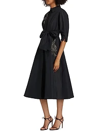 Embellished Taffeta Self-Belt Midi-Shirtdress