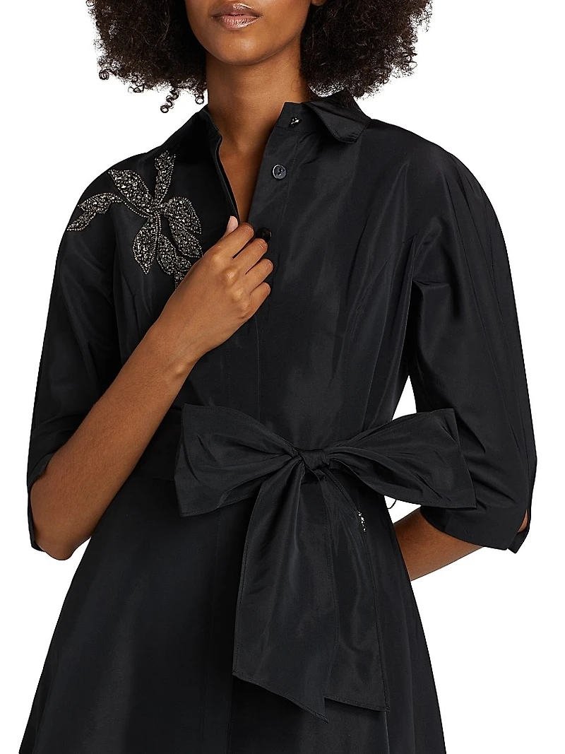 Embellished Taffeta Self-Belt Midi-Shirtdress