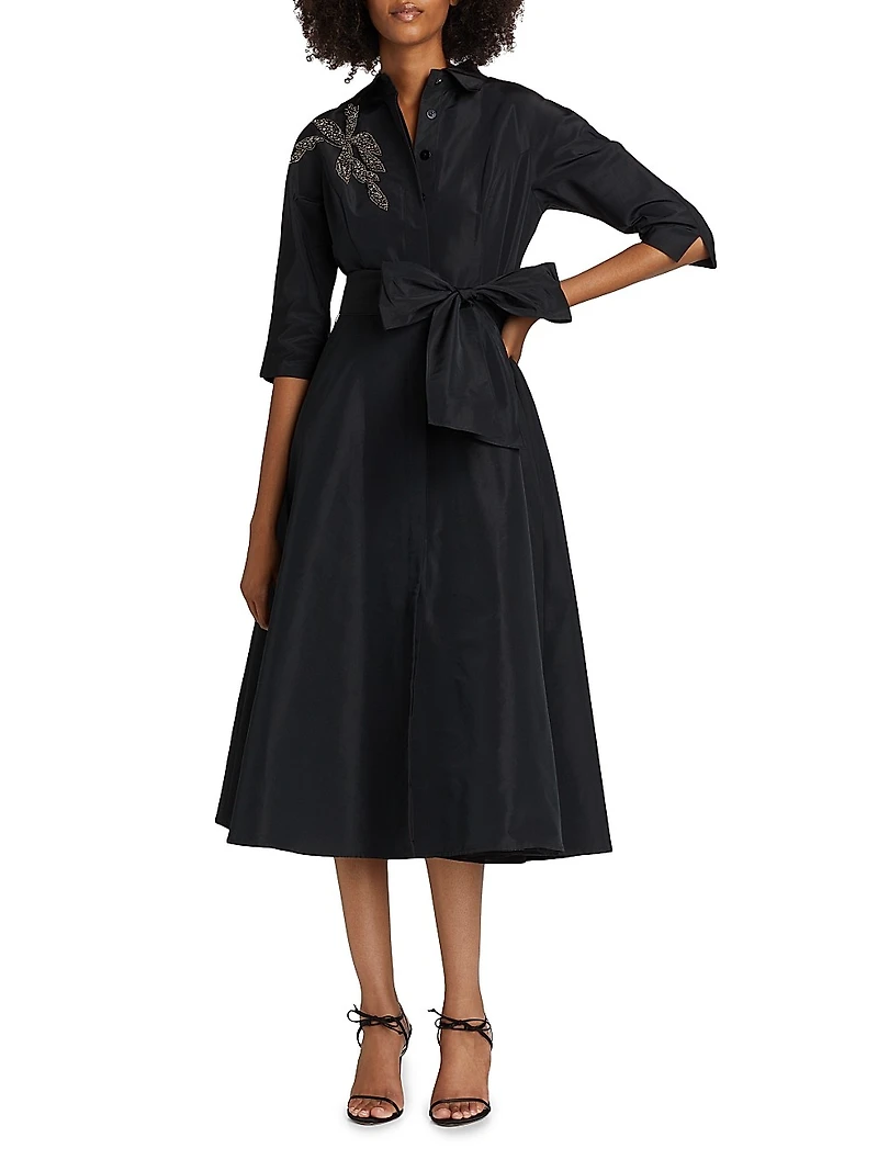 Embellished Taffeta Self-Belt Midi-Shirtdress