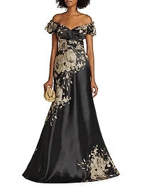 Floral Metallic Jacquard Off-the-Shoulder Gown