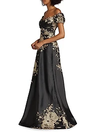 Floral Metallic Jacquard Off-the-Shoulder Gown