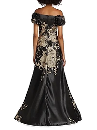 Floral Metallic Jacquard Off-the-Shoulder Gown