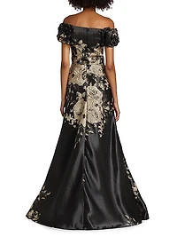 Floral Metallic Jacquard Off-the-Shoulder Gown
