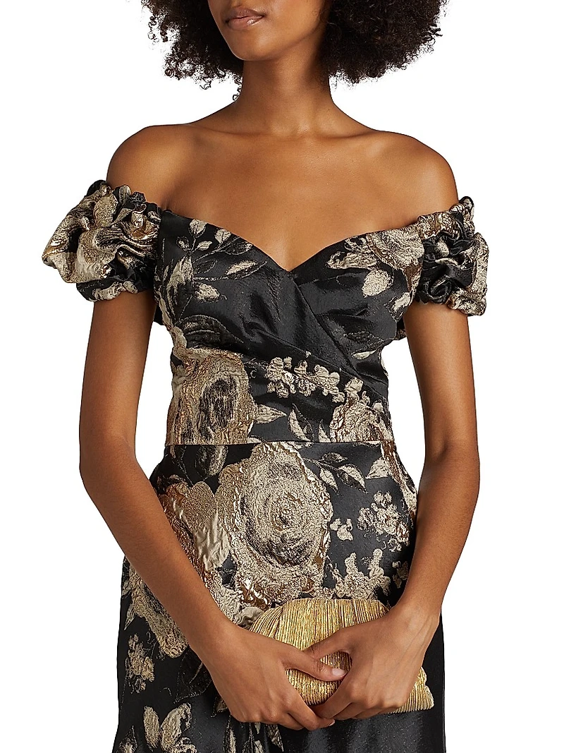 Floral Metallic Jacquard Off-the-Shoulder Gown