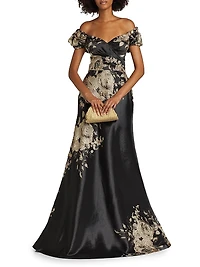Floral Metallic Jacquard Off-the-Shoulder Gown