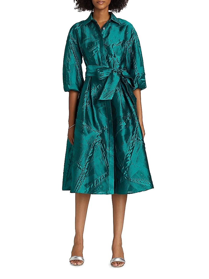 Jacquard Balloon-Sleeve Cocktail Dress