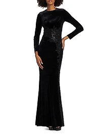 Embellished & Embroidered Stretch Velvet Gown