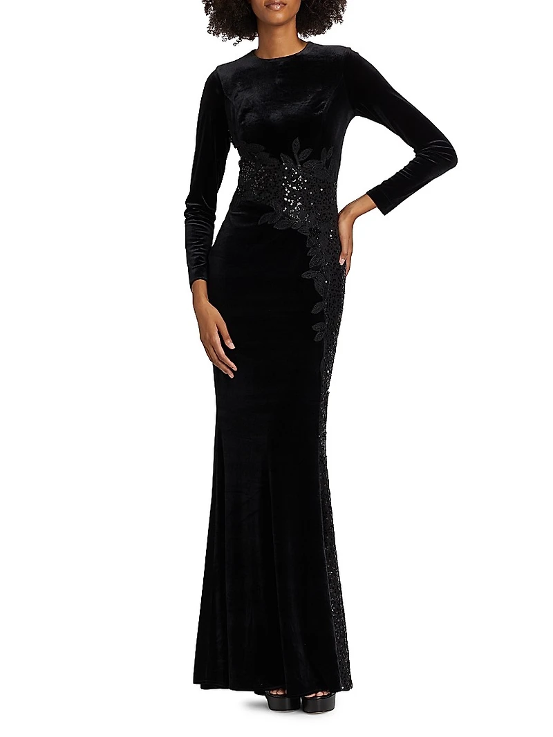 Embellished & Embroidered Stretch Velvet Gown