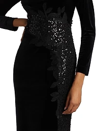 Embellished & Embroidered Stretch Velvet Gown