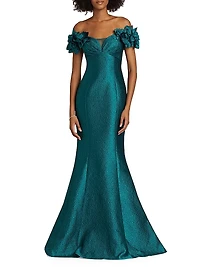 Jacquard Floral Appliquéd Off-The-Shoulder Gown