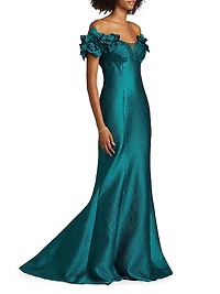 Jacquard Floral Appliquéd Off-The-Shoulder Gown