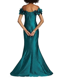 Jacquard Floral Appliquéd Off-The-Shoulder Gown