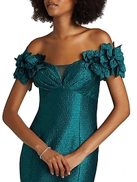 Jacquard Floral Appliquéd Off-The-Shoulder Gown