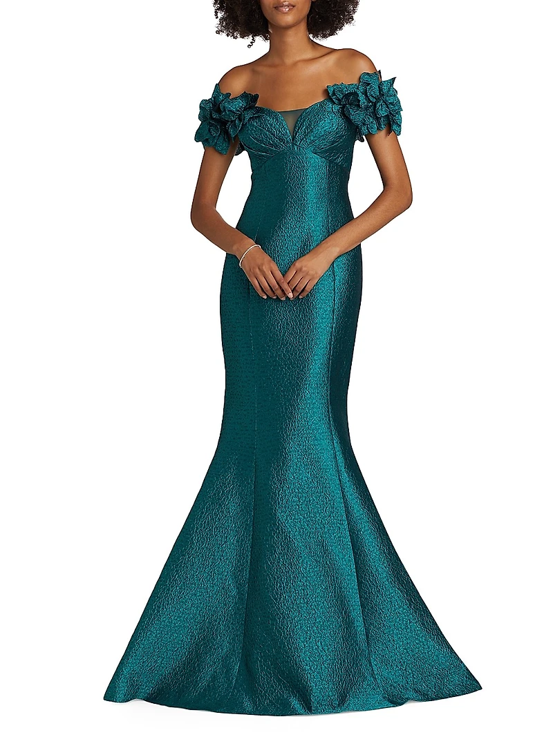 Jacquard Floral Appliquéd Off-The-Shoulder Gown