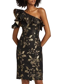 Floral Metallic Jacquard Ruffled One-Shoulder Cocktail Dress