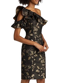 Floral Metallic Jacquard Ruffled One-Shoulder Cocktail Dress