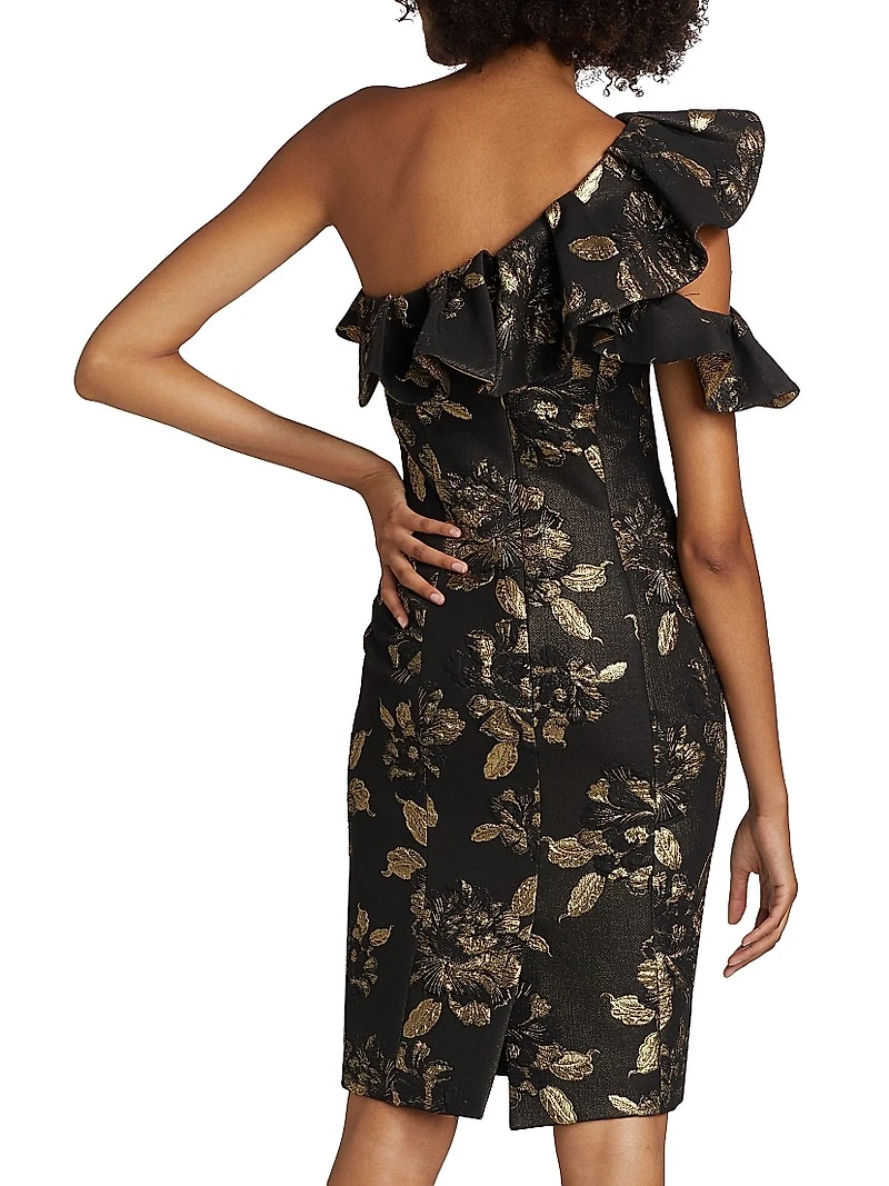 Floral Metallic Jacquard Ruffled One-Shoulder Cocktail Dress