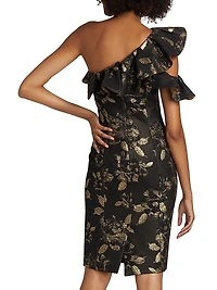 Floral Metallic Jacquard Ruffled One-Shoulder Cocktail Dress