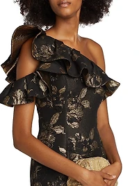 Floral Metallic Jacquard Ruffled One-Shoulder Cocktail Dress