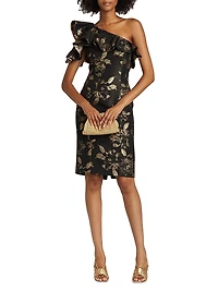 Floral Metallic Jacquard Ruffled One-Shoulder Cocktail Dress