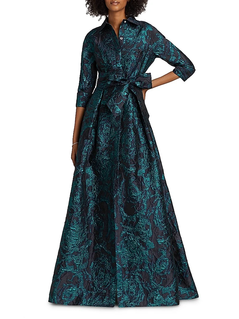 Abstract Metallic Jacquard Shirt Gown
