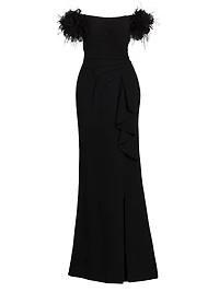 Feather-Embellished Crepe Off-The-Shoulder Gown