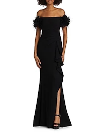 Feather-Embellished Crepe Off-The-Shoulder Gown